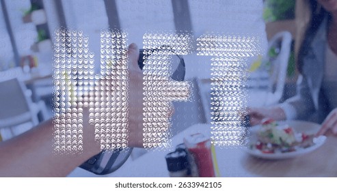 Image of world map and data processing over hand of caucasian man using smartphone. Science research and experiment concept digitally generated image.