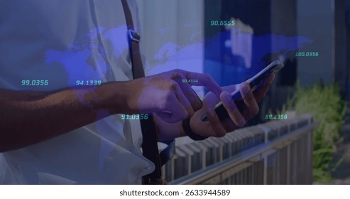 Image of world map and data processing over caucasian businessman using smartphone. global business and digital interface concept digitally generated image.