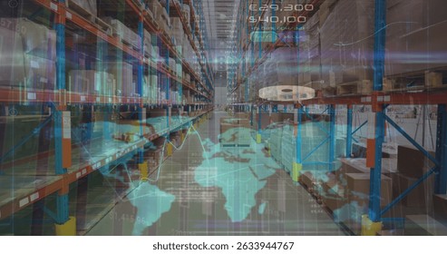 Image of world map and data processing over warehouse. global business and digital interface concept digitally generated image.