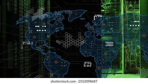 Image of world map and digital data processing over computer servers. Global connections, computing and data processing concept digitally generated image.