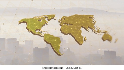Image of world map and digital data processing over cityscape. Global business travel, finance, connections, computing and data processing concept digitally generated image.