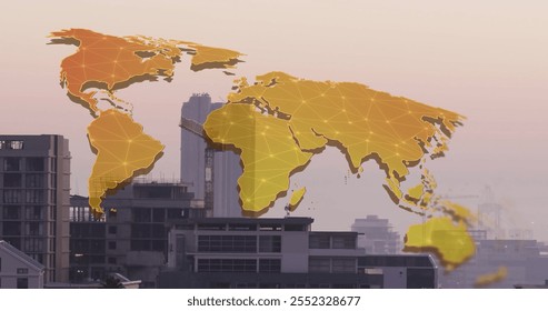 Image of world map and digital data processing over cityscape. Global business travel, finance, connections, computing and data processing concept digitally generated image.