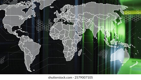 Image of world map and digital data processing over computer servers. Global connections, computing and data processing concept digitally generated image.