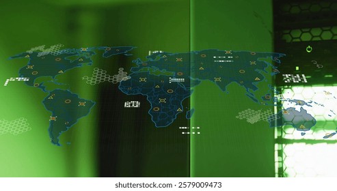 Image of world map and digital data processing over computer servers. Global connections, computing and data processing concept digitally generated image.