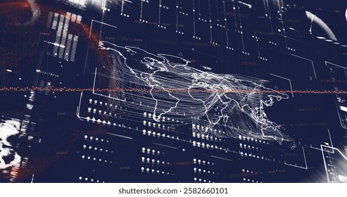 Image of world map and digital data processing over dark background. Global connections, computing and data processing concept digitally generated image.