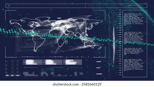 Image of world map and digital data processing over dark background. Global connections, computing and data processing concept digitally generated image.