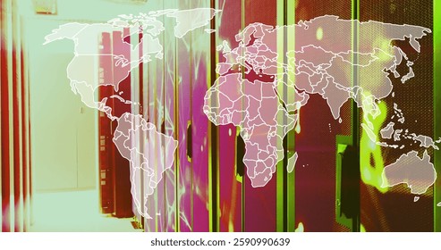 Image of world map and digital data processing over computer servers. Global connections, computing and data processing concept digitally generated image.