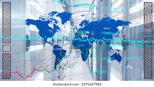 Image of world map, digital data processing over computer servers. Global connections, computing and data processing concept digitally generated image. - Powered by Shutterstock - Get 15% off with code: PIKWIZARD15