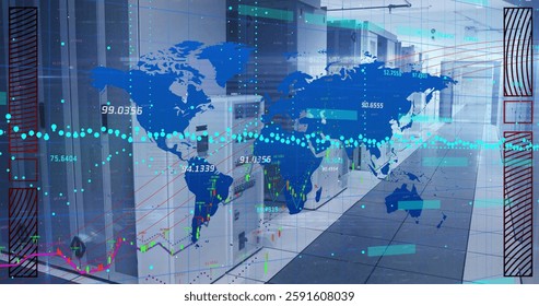 Image of world map, digital data processing over computer servers. Global connections, computing and data processing concept digitally generated image. - Powered by Shutterstock - Get 15% off with code: PIKWIZARD15