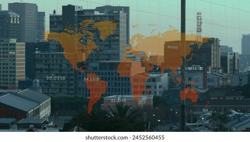 Image of world map and financial data processing over cityscape. Global finance, business, connections, computing and data processing concept digitally generated image.