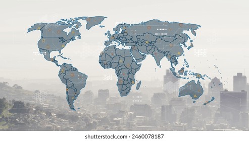 Image of world map and financial data processing over cityscape. Global business, finances, computing and data processing concept digitally generated image. - Powered by Shutterstock - Get 15% off with code: PIKWIZARD15