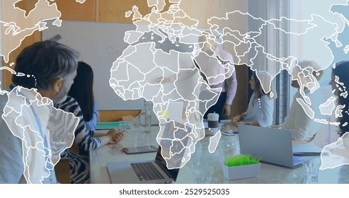 Image of world map and financial data processing over diverse business people in office. Global business, finance, connections, computing and data processing concept digitally generated image.