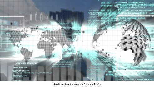 Image of world map and globe with data processing and light trails over cityscape. Global business and digital interface concept digitally generated image.