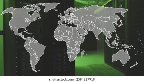Image of world map moving over server room. Technology and digital interface concept digitally generated image.