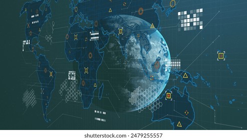 Image of world map with network of conncetions over globe on black background. Global technology, computing and digital interface concept digitally generated image.
