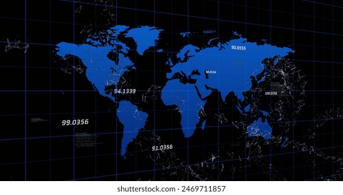 Image of world map with network of connections and data processing. Global networks, computing and data processing concept digitally generated image.