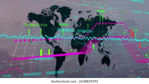 Image of world map and network of connections over world map. Global internet security connections technology and digital interface concept digitally generated image.