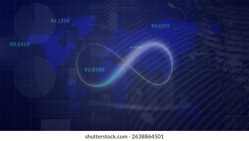 Image of world map, numbers and infinity on navy background. Global network, data processing and technology concept digitally generated image.