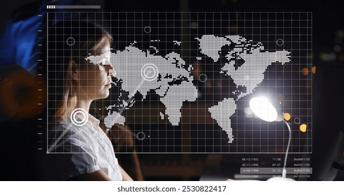 Image of world map over caucasian businesswomen. global business, finances, data processing and digital interface concept digitally generated image.