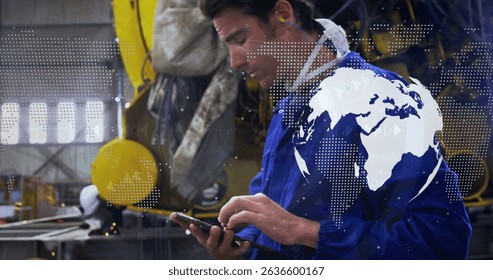 Image of world map over caucasian male worker using tablet. Global business, finances, data processing and digital interface concept digitally generated image.