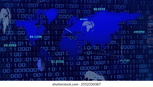 Image of world map over data processing and binary coding on black background. Global business, technology and digital interface concept, digitally generated image. - Powered by Shutterstock - Get 15% off with code: PIKWIZARD15