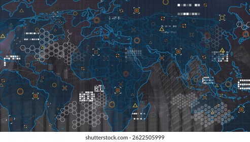 Image of world map over data processing. global business and digital interface concept digitally generated image.