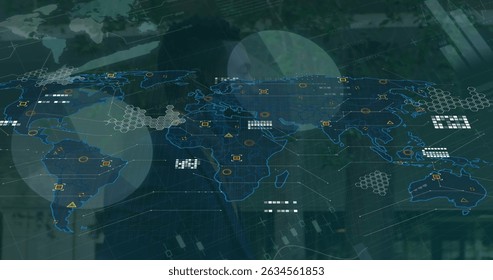 Image of world map over data processing and african american businessman. Global technology, computing and digital interface concept digitally generated image.