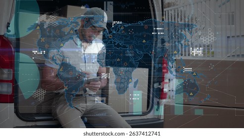 Image of world map over delivery man next to a car. Global business, finances, connections, technology, data processing and digital interface concept digitally generated image.