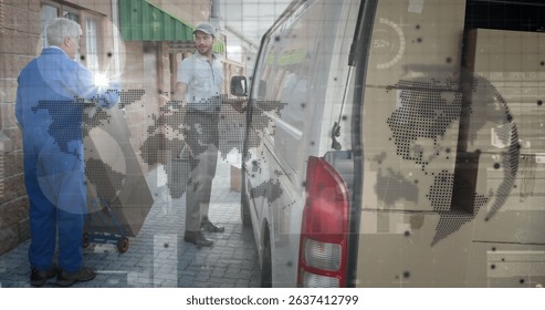 Image of world map over delivery man next to a car. Global business, finances, connections, technology, data processing and digital interface concept digitally generated image.