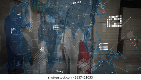 Image of world map over delivery man next to a car. Global business, finances, connections, technology, data processing and digital interface concept digitally generated image.