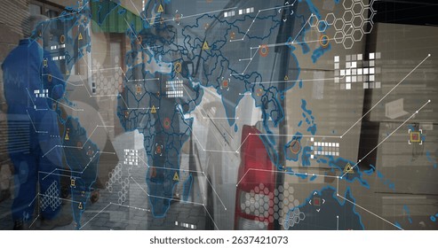 Image of world map over delivery man next to a car. Global business, finances, connections, technology, data processing and digital interface concept digitally generated image.