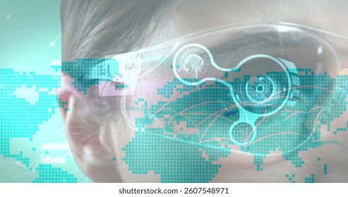 Image of world map over eye of woman in vr glasses using interface. digital interface technology, data processing and global communication concept digitally generated image.