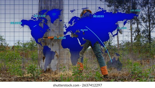 Image of world map over lumberjack. Global connections, data processing and digital interface concept digitally generated image.