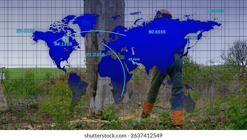 Image of world map over lumberjack. Global connections, data processing and digital interface concept digitally generated image.
