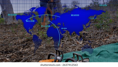 Image of world map over lumberjack. Global connections, data processing and digital interface concept digitally generated image.