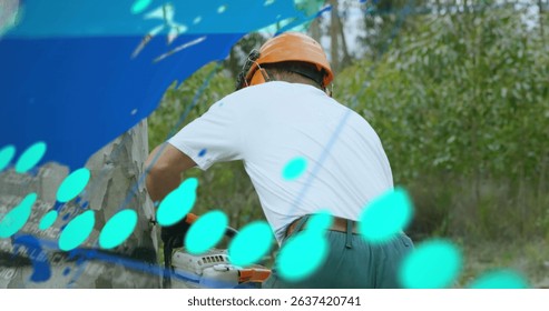 Image of world map over lumberjack. Global connections, data processing and digital interface concept digitally generated image.