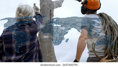 Image of world map over lumberjack. Global connections, data processing and digital interface concept digitally generated image.
