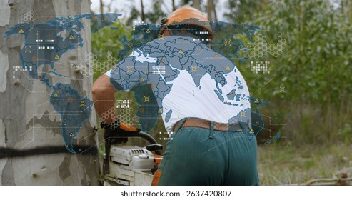 Image of world map over lumberjack. Global connections, data processing and digital interface concept digitally generated image.