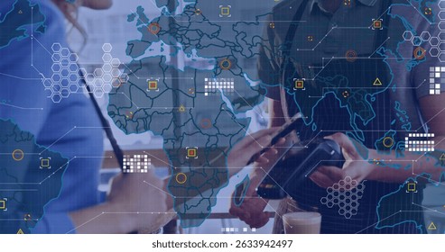 Image of world map over people using payment terminal. Global business, finances, data processing and digital interface concept digitally generated image.