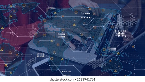 Image of world map over person using laptop. Global connections, data processing and digital interface concept digitally generated image.