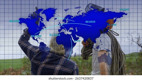 Image of world map over two lumberjacks. Global connections, data processing and digital interface concept digitally generated image.