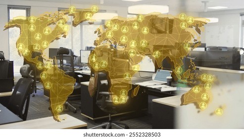 Image of world map with people icons and digital data processing over office. Global business travel, finance, connections, computing and data processing concept digitally generated image.