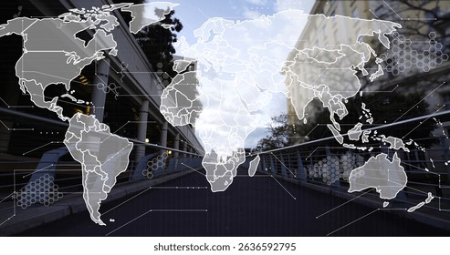 Image of world map and processing data over pedestrians crossing bridge in city. Global communication, travel and digital interface concept digitally generated image.