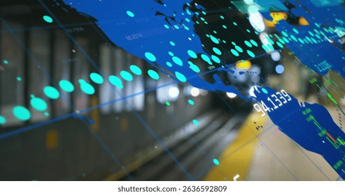 Image of world map and processing data over underground train arriving at metro station. Global communication, travel and digital interface concept digitally generated image.
