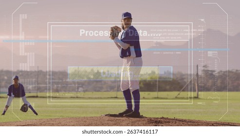 Image of world map and processing over rugby player holding over sports stadium. Sports fitness and competition concept.