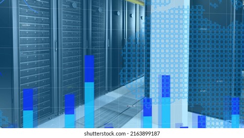 Image of world map, statistics and data processing over computer servers. global computing, digital interface and data processing concept digitally generated image.