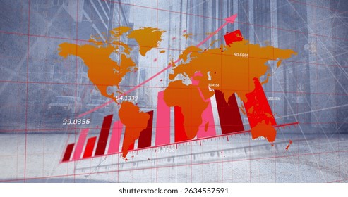 Image of world map, statistics and data processing over cityscape. Global business, connections, data processing and digital interface concept digitally generated image.