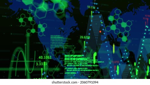 Image of world map, stock market and green glowing financial data processing with line going up and hexagons on black background. Global finances business concept digitally generated image. - Powered by Shutterstock - Get 15% off with code: PIKWIZARD15