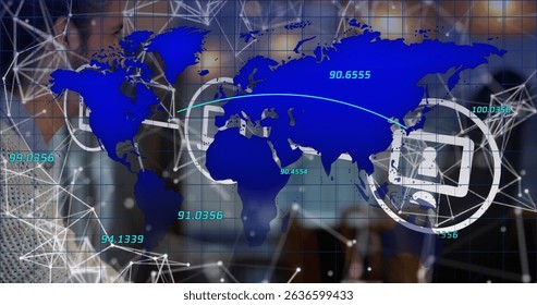 Image of world map, tech icons and connections over diverse people in office. Global network, data processing, and technology concept digitally generated image. - Powered by Shutterstock - Get 15% off with code: PIKWIZARD15