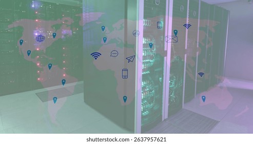 Image of world map and tech icons over servers. Global network, connections, communication and technology concept digitally generated image.